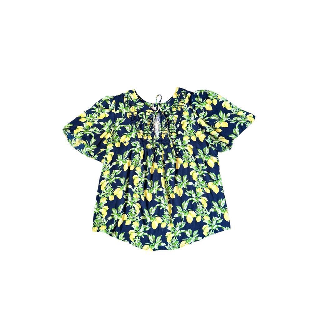 LOFT Petites MP Lemon Print Smocked Blouse Navy Yellow Short‎ Sleeve Peasant Top